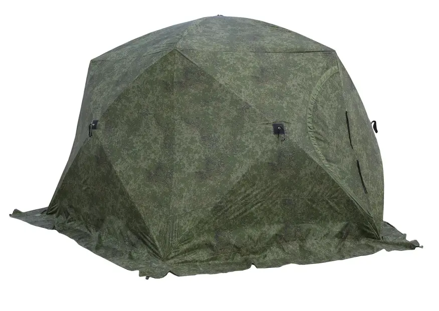 Палатка зимняя ЧУМ 2 (трехслойная, пиксель с выводом под трубу и навесом)