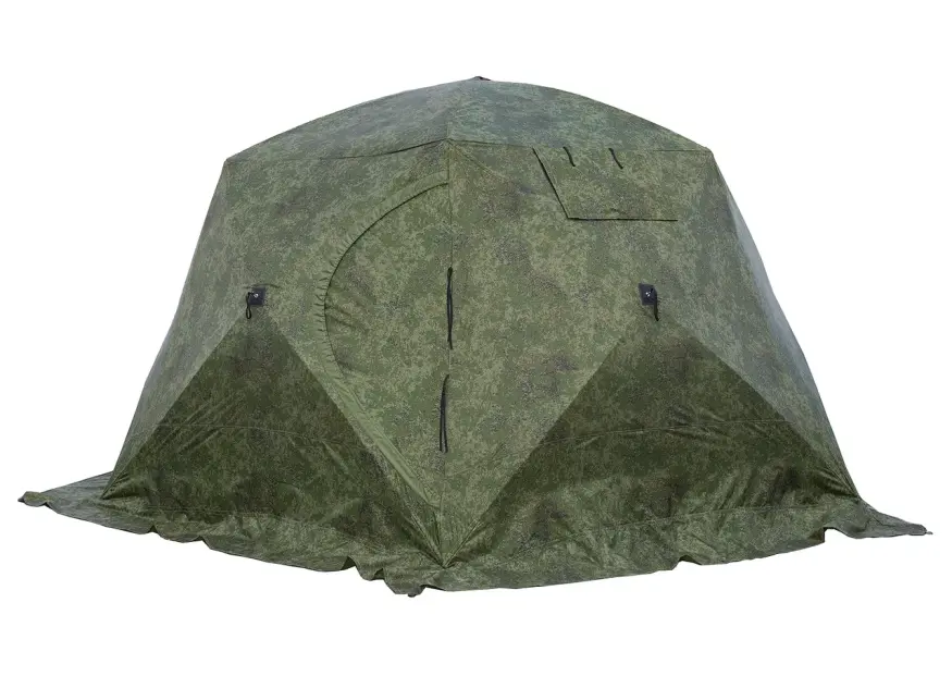 Палатка зимняя ЧУМ 2 (трехслойная, пиксель с выводом под трубу и навесом)